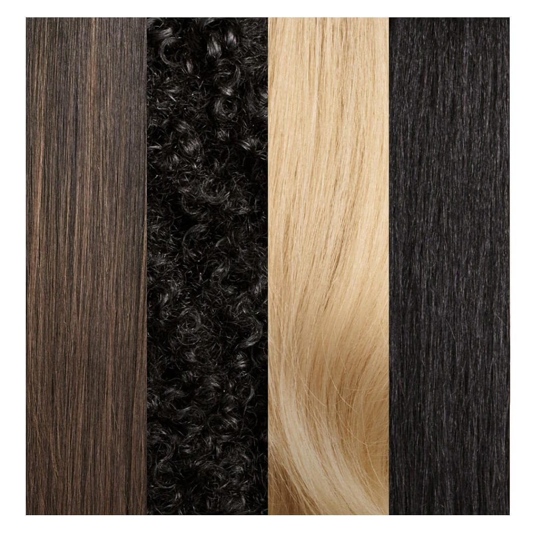 - Indira Salon Spa in Chicago IL, Park Ridge IL, Green Bay WI Five vertical panels displaying different hair textures and colors: brown straight, black curly, blonde straight, black straight, and dark brown straight. - Indira Salon Spa in Chicago IL, Park Ridge IL, Green Bay WI